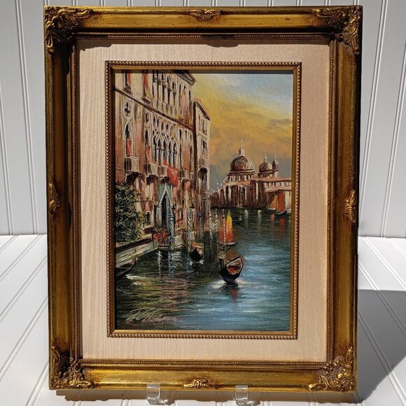 Hand Crafted Other - Oil Painting On Canvas Venetian Canal Scene Signed Venice Gondolas Framed Vtg